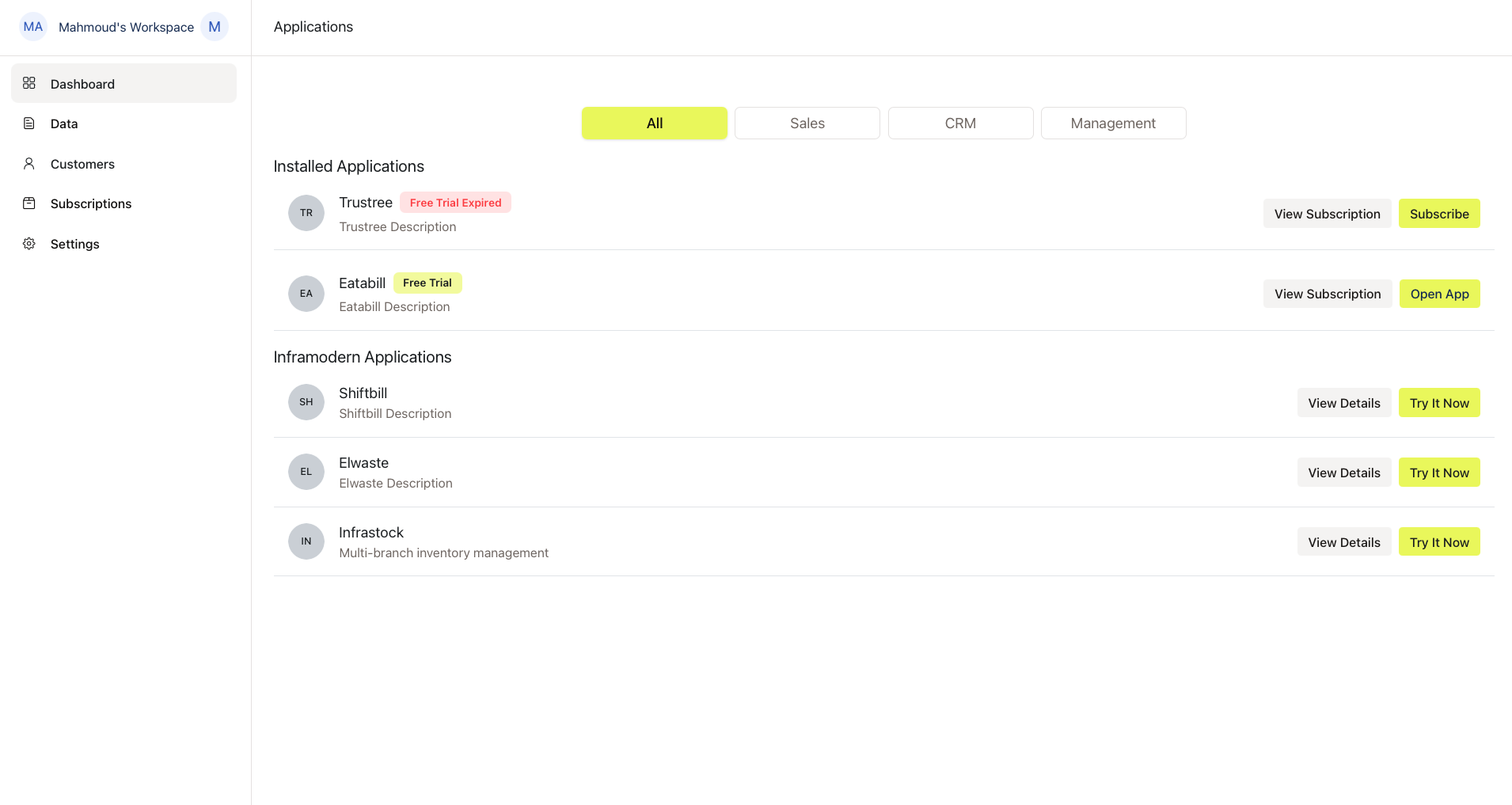 The Applications dashboard with Installed Applications and Inframodern Applications groups