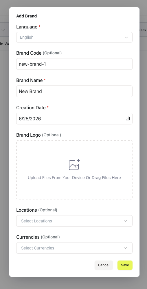 Brand name and details fields