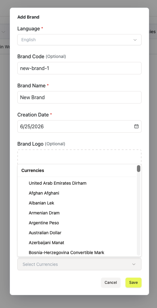 Assigning currencies to a brand