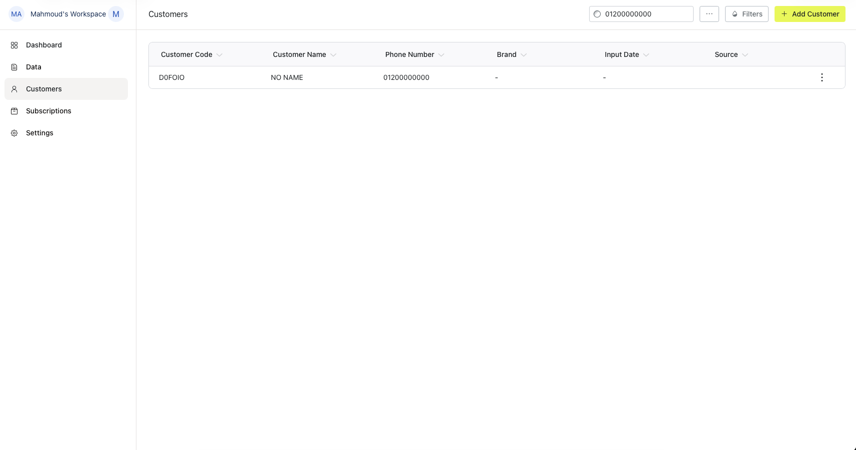 Customers list showing names and contact details