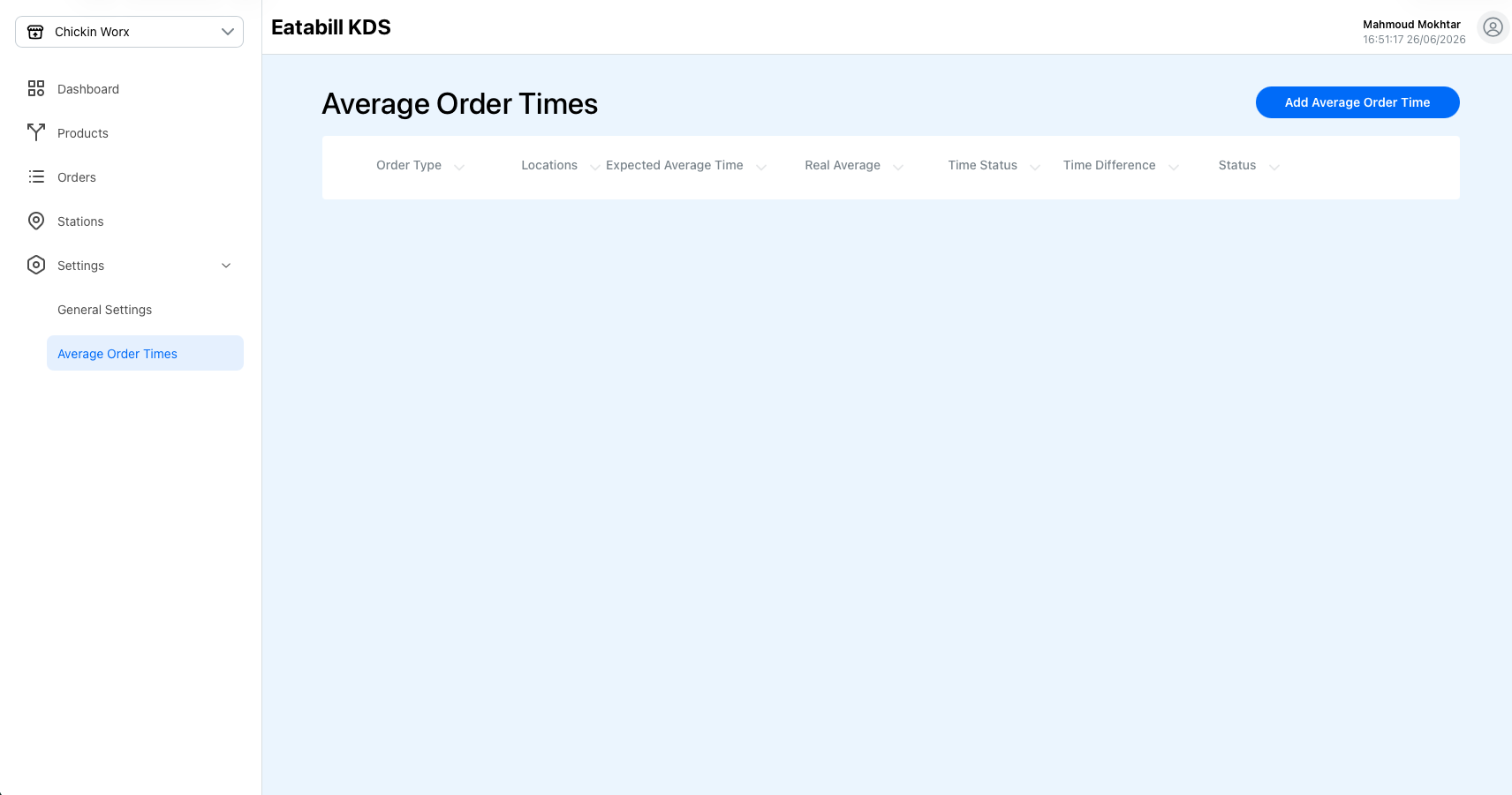Average Order Times page in KDS Admin