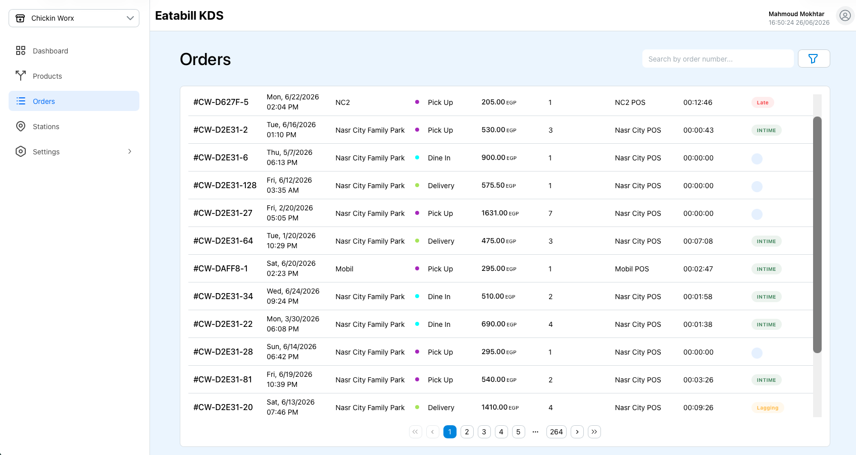 KDS Orders page showing live orders and their status