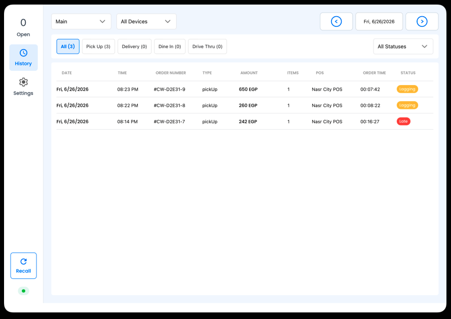 Order History screen listing completed and bumped orders