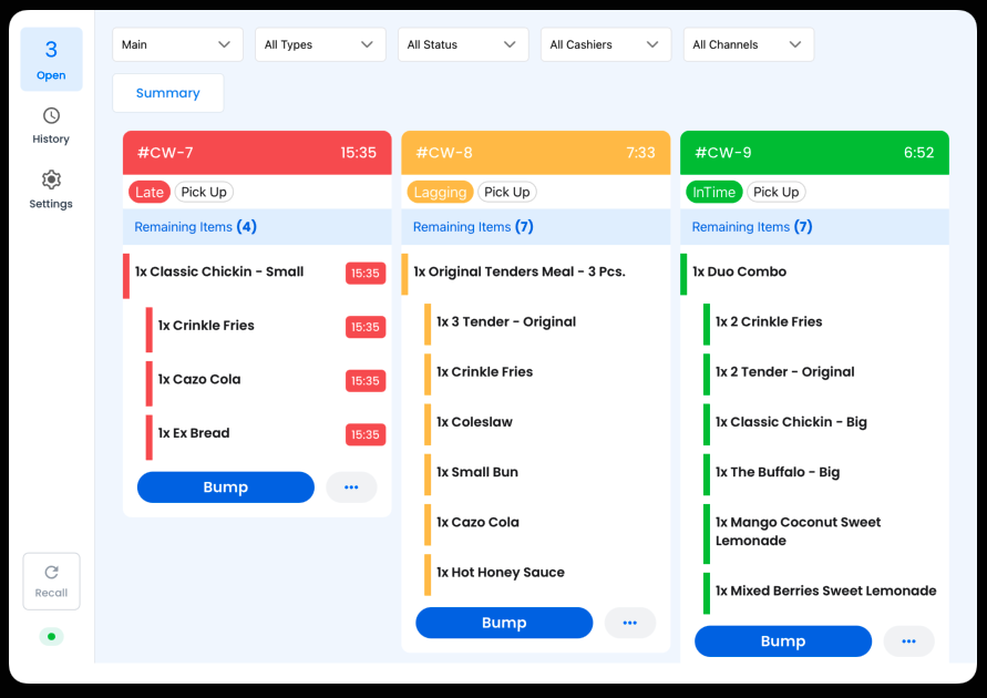 Open Orders screen with order cards and status colors
