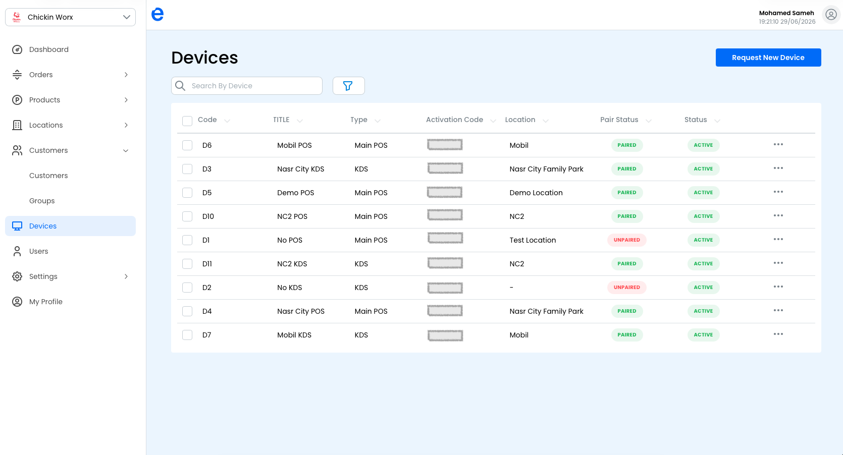 The Devices list with status and pair status