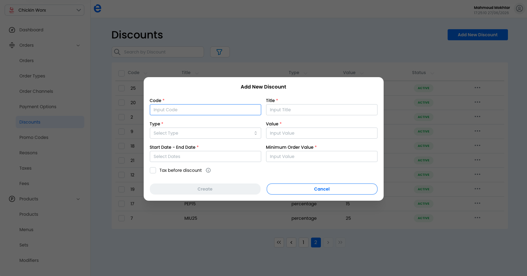 Enter a name, choose the type (percentage or amount), and set the value.