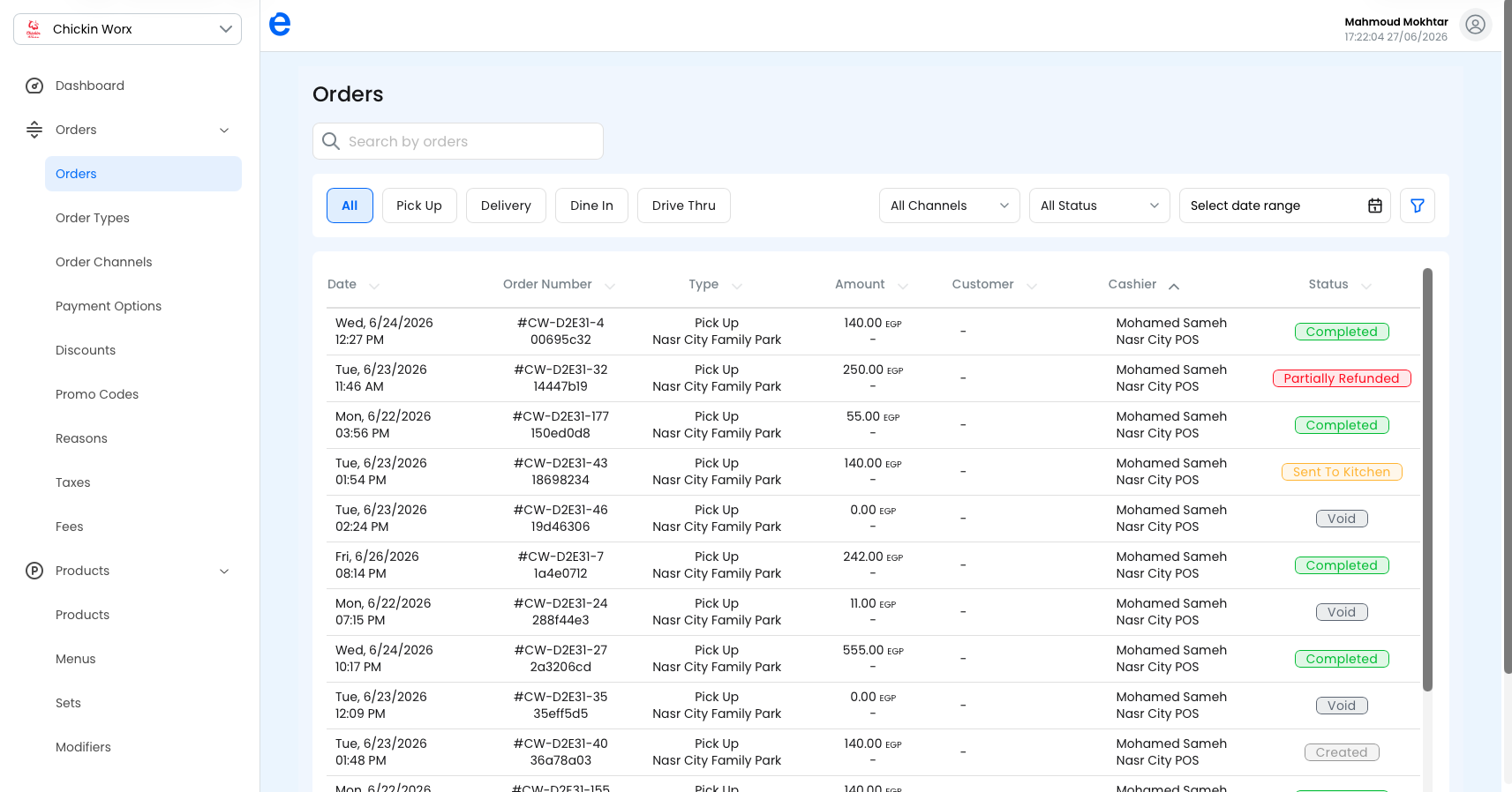The Orders list showing status, type, channel, total, and location columns