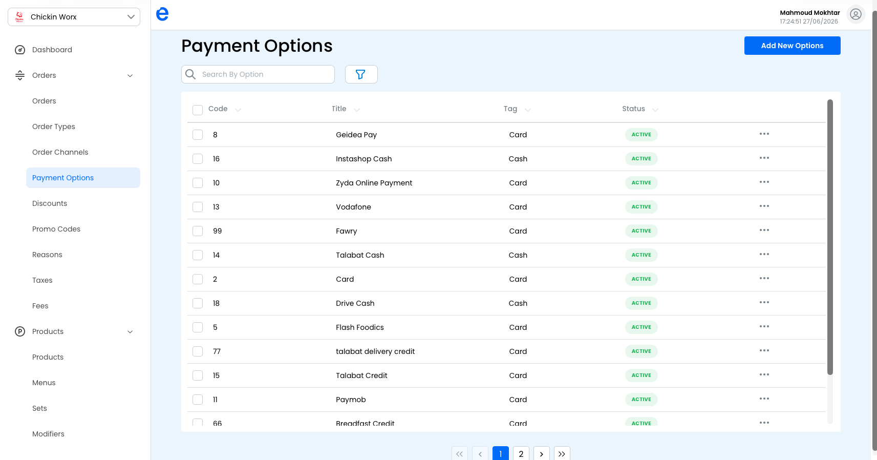 The Payment Options list