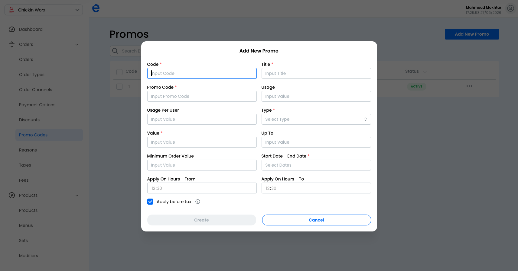 The Add promo form