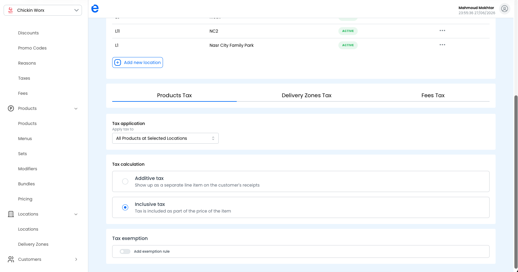 products Tax tab.
