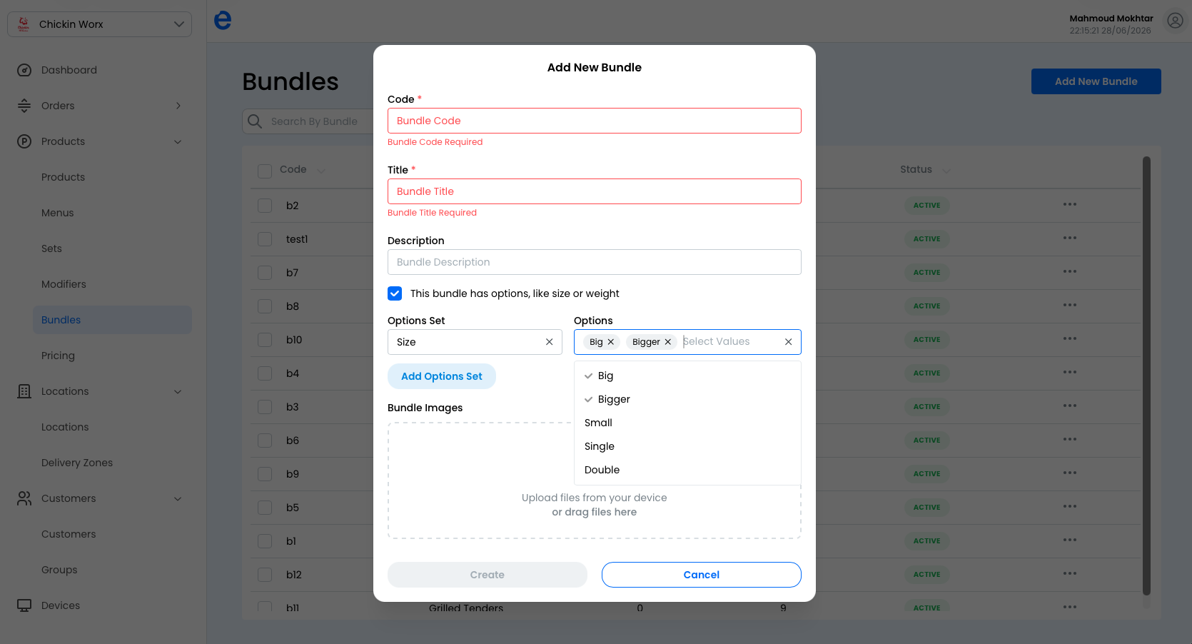 Adding the variation's options