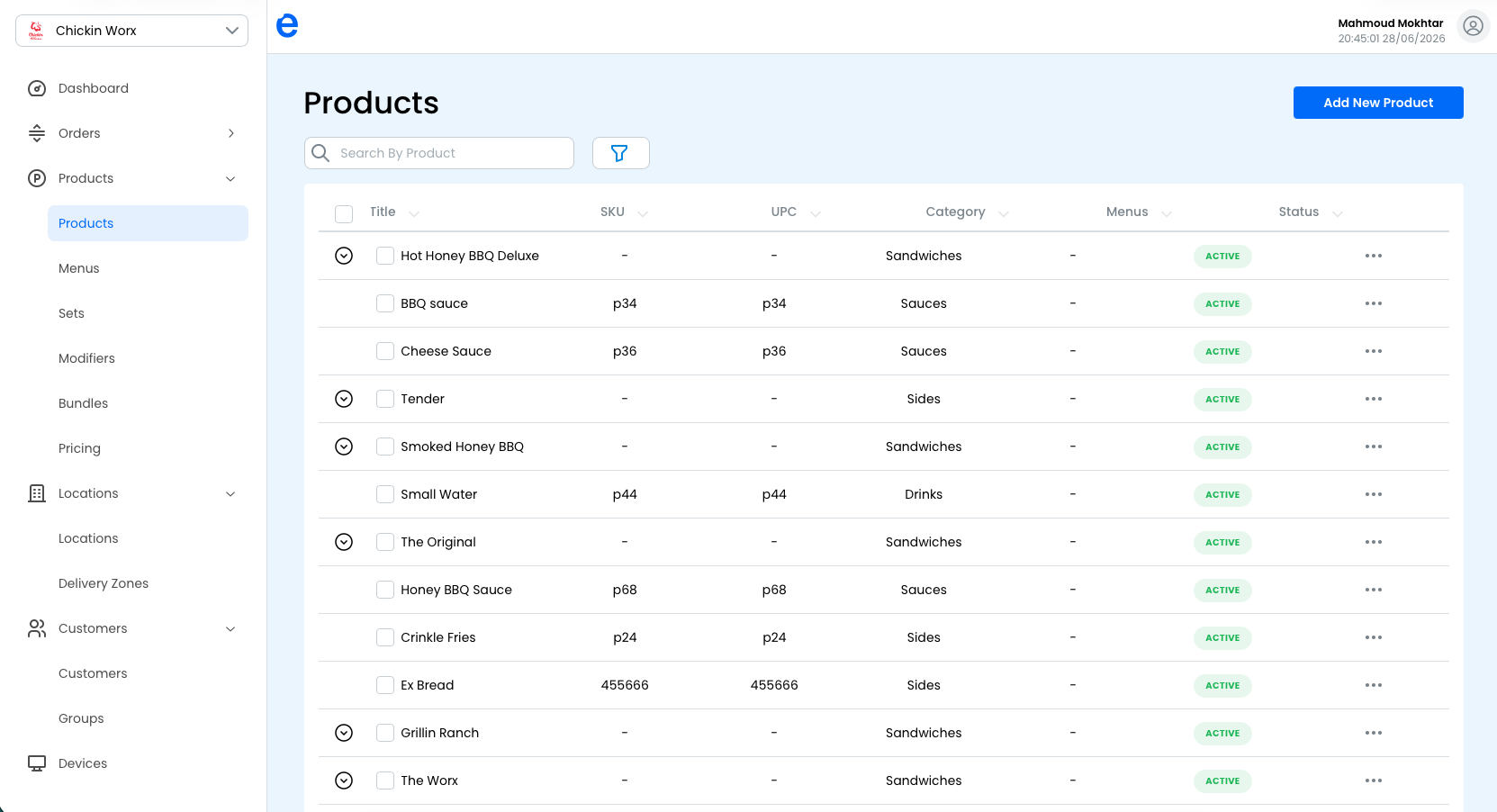 The Products list with search and filters