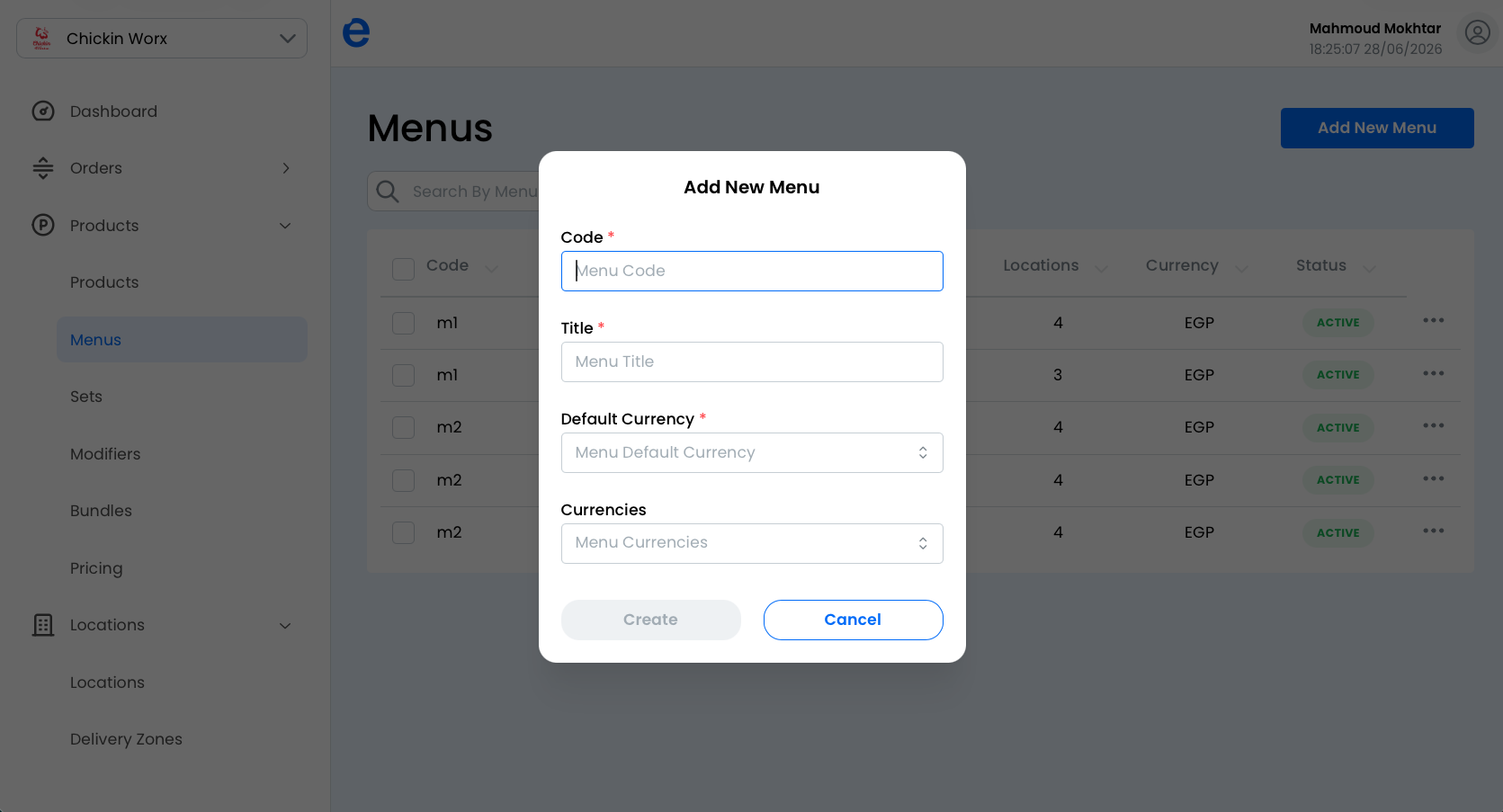 The new menu form
