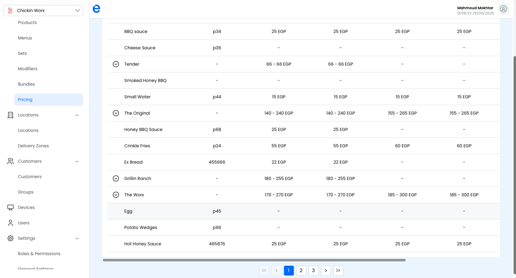An expanded product showing its variants' prices