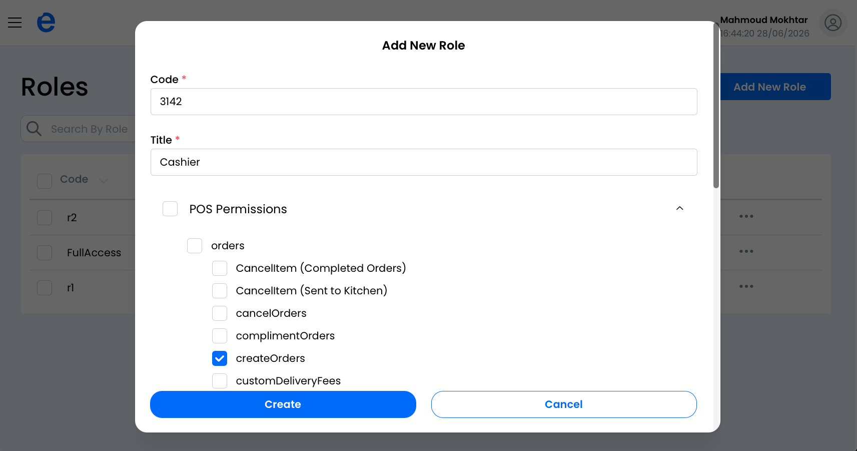 Selecting the role's permissions