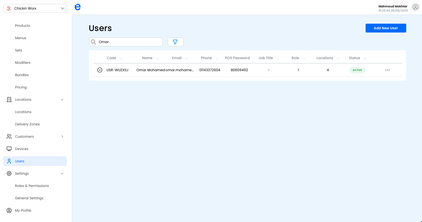 The Users list, including the POS Password column