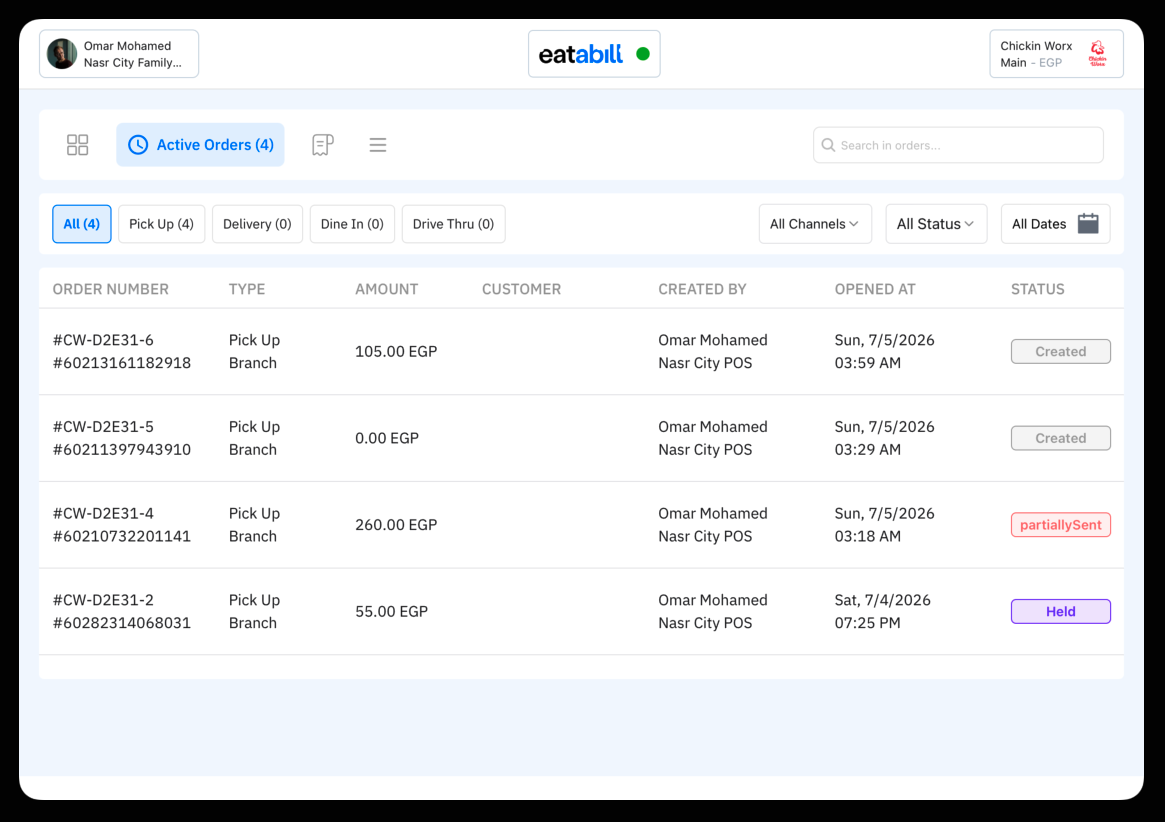 Active Orders list with statuses and filters