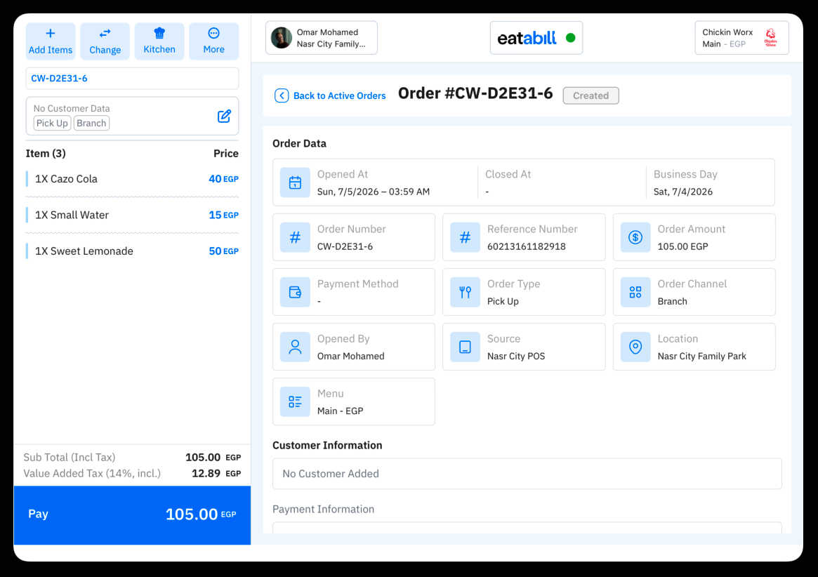 An open active order showing its items and buttons