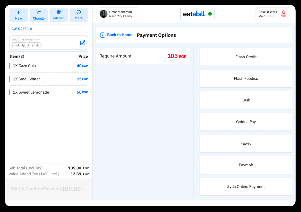 Payment Options with the required amount and payment methods