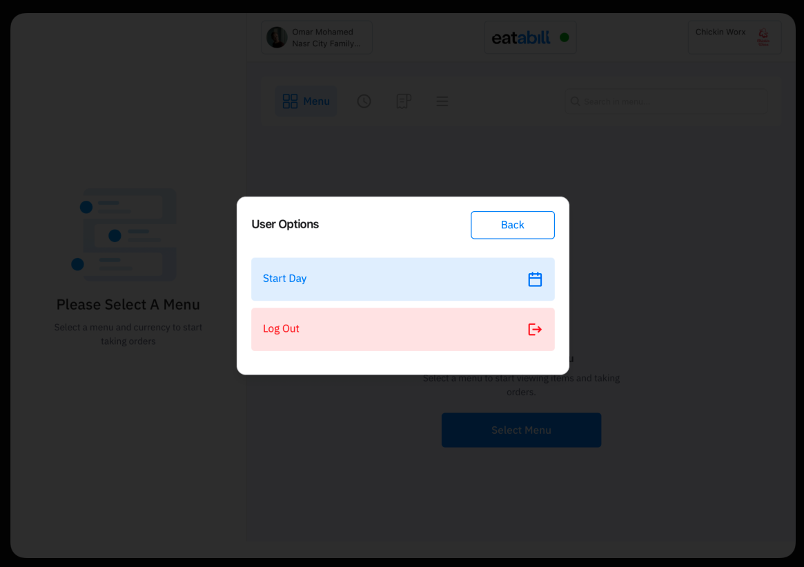 The user options menu with Start Day and Logout