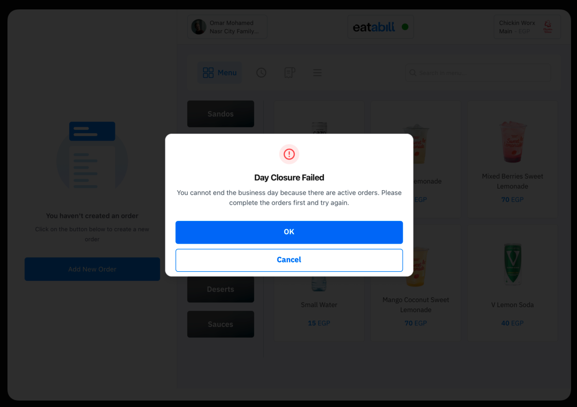 End day blocked because of active orders
