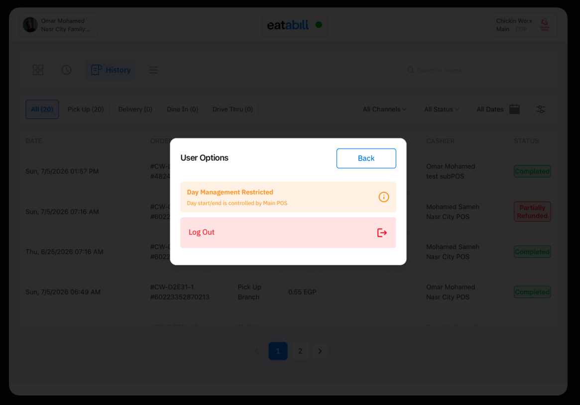 The user options menu on a SubPOS showing Day Management Restricted