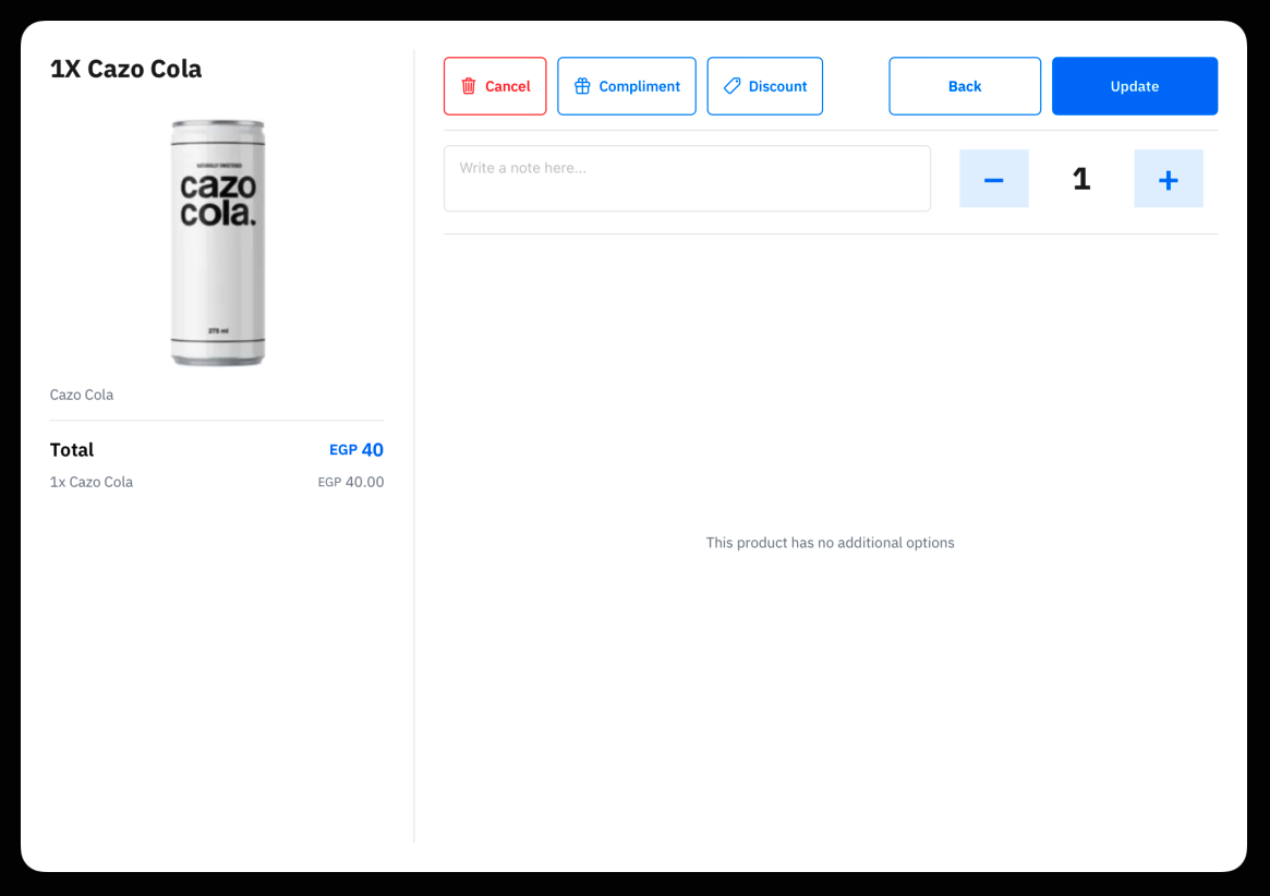 The item dialog with Cancel, Compliment, and Discount