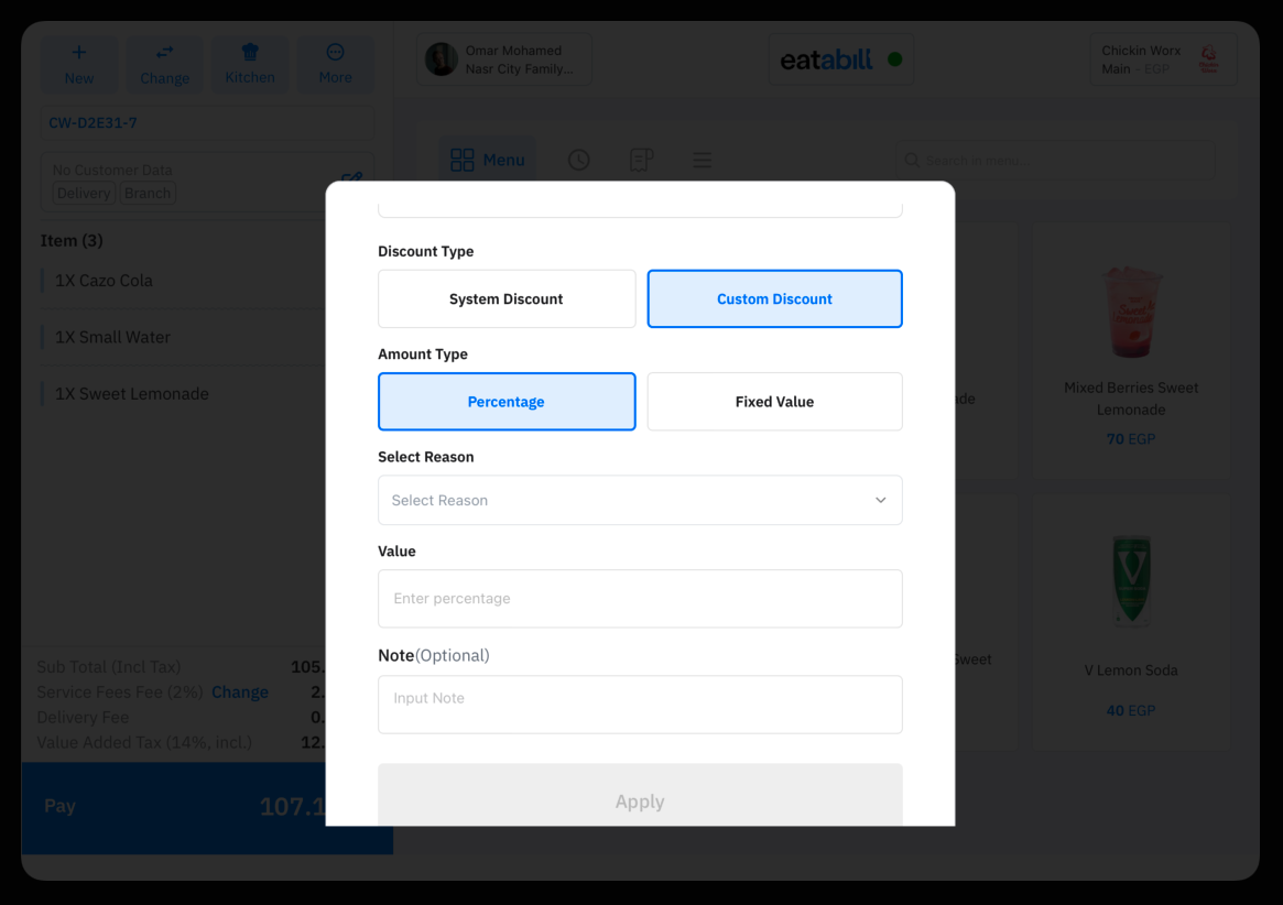 The item discount dialog with Custom Discount selected