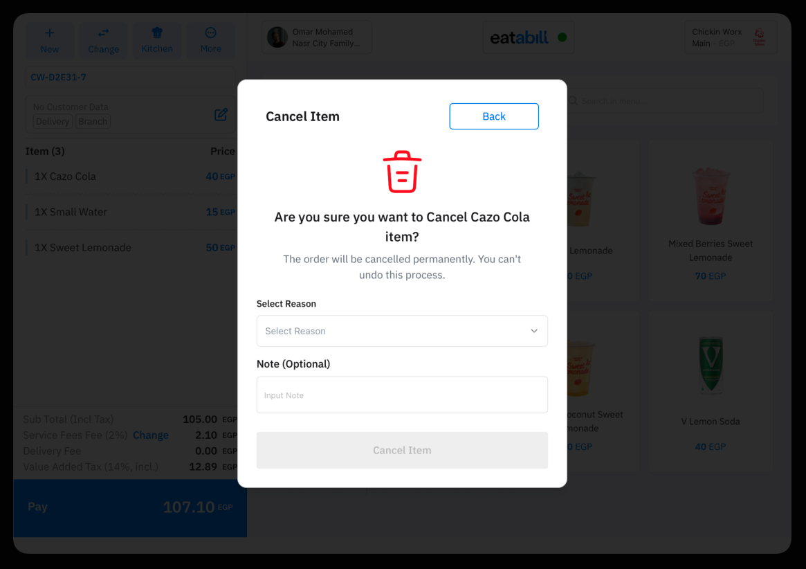 The cancel item dialog with reason selection