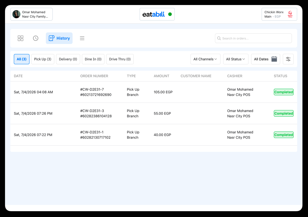 Order History list with filters