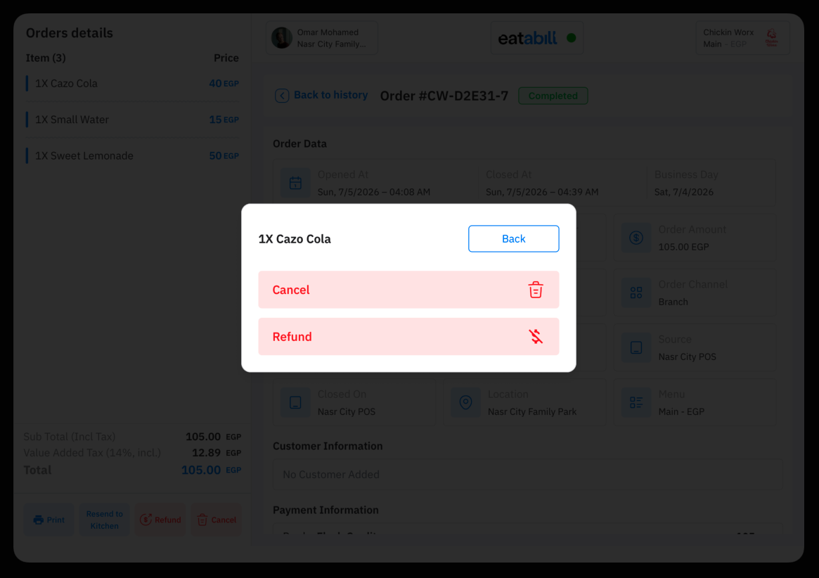 An item's Cancel and Refund options on a finished order