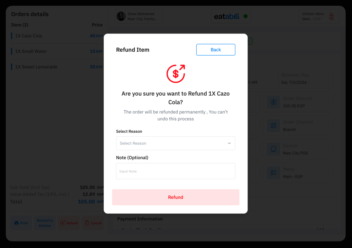 The refund item dialog with reason selection
