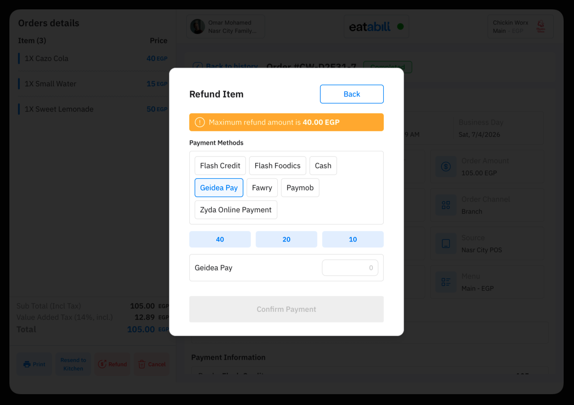 Choosing payment methods and amounts to refund