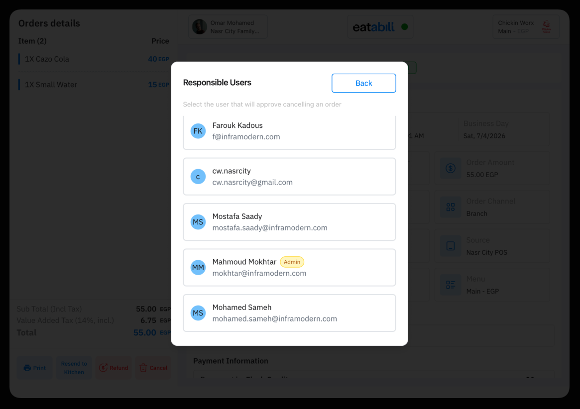 The Responsible Users dialog listing users who can approve, with the action named