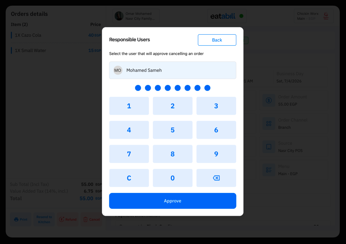 The PIN keypad for the approving user, with an Approve button