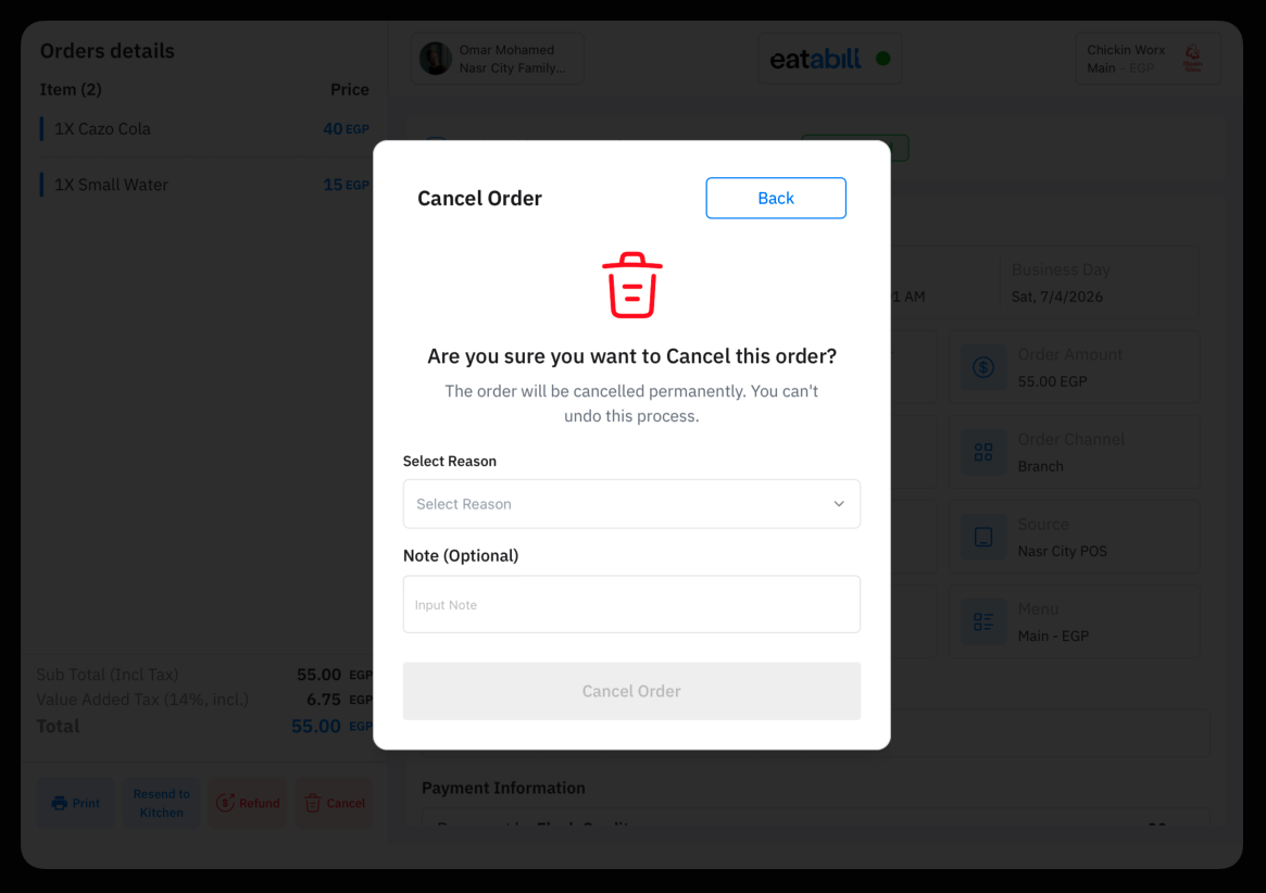 The Cancel Order dialog opening after approval