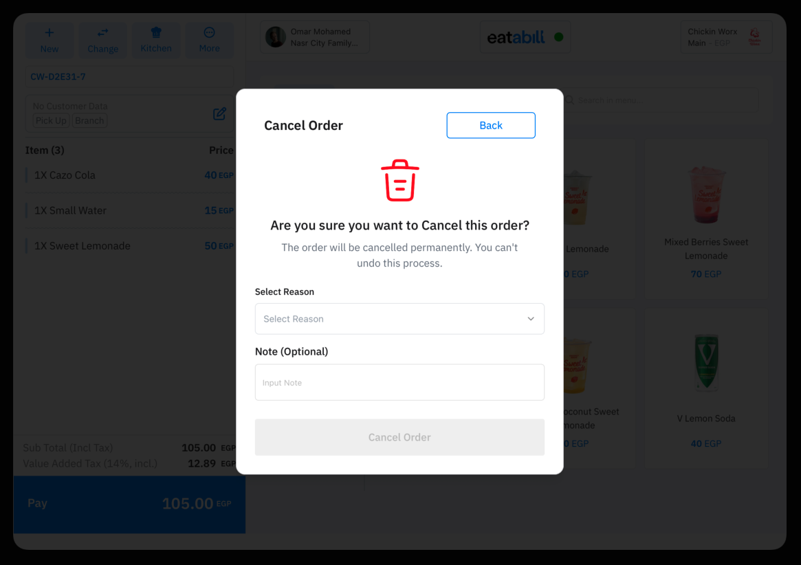 The cancel order dialog with reason selection