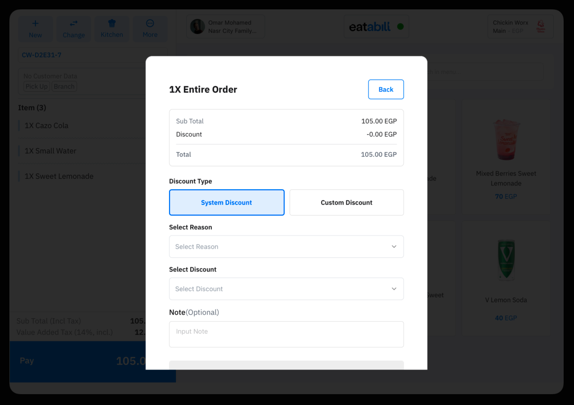 The discount dialog with System Discount selected