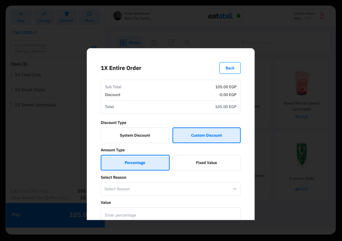The discount dialog with Custom Discount selected