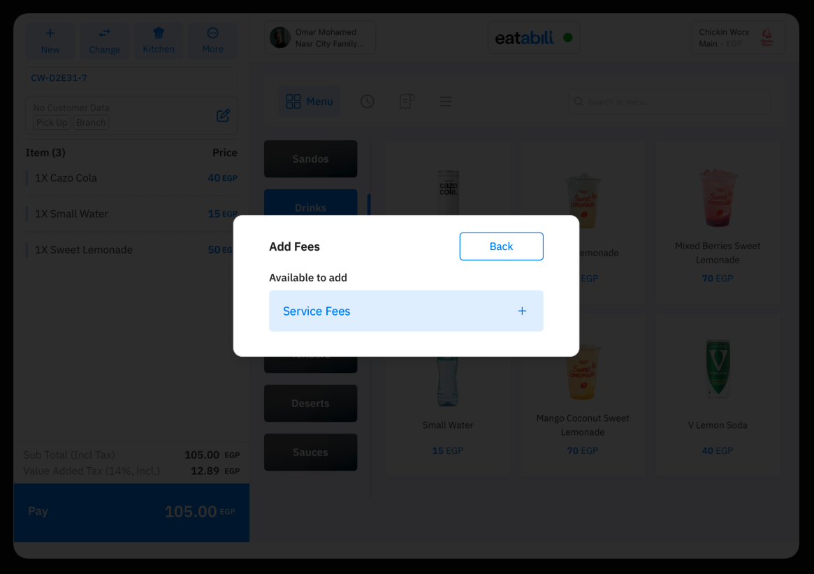 The Add Fees dialog with fees available to add