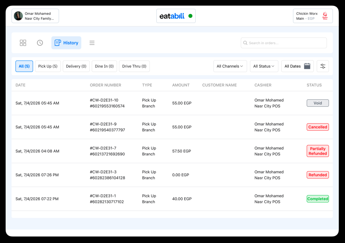 Order History list showing Void, Cancelled, Partially Refunded, Refunded, and Completed orders