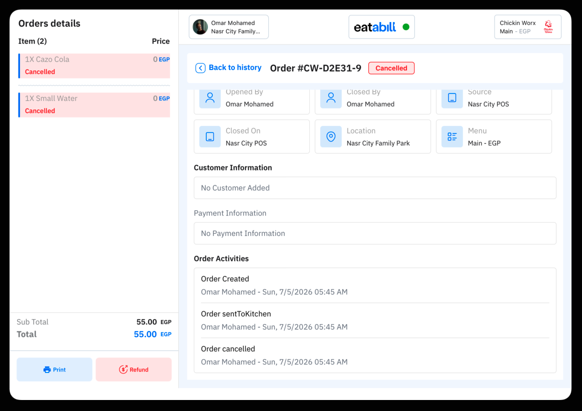A Cancelled order's activity log: Created, sentToKitchen, then cancelled