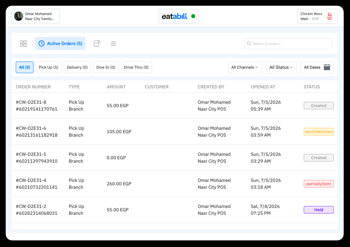 Active Orders list showing Created, sentToKitchen, partiallySent, and Held orders