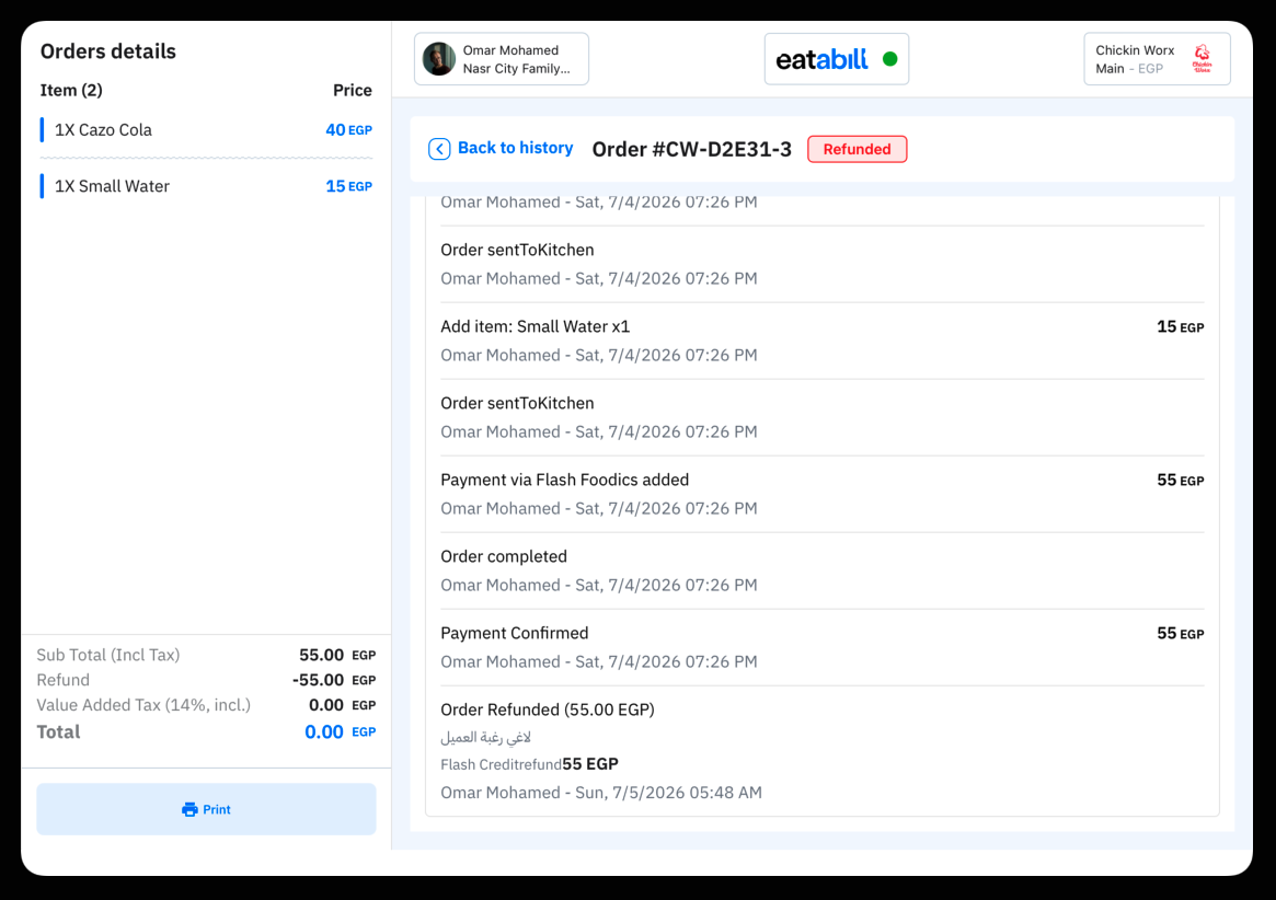 A Refunded order's activity log showing the refund reason and payment method