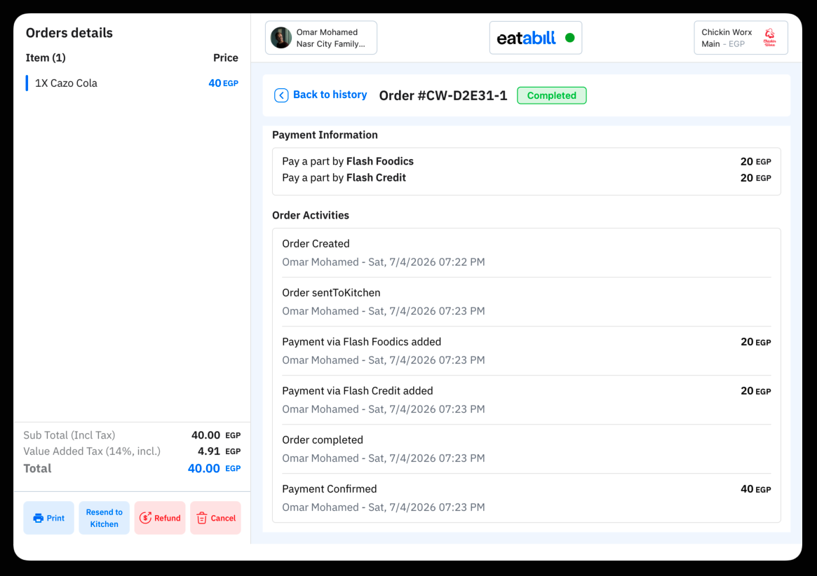 A Completed order's activity log showing a split payment across two methods