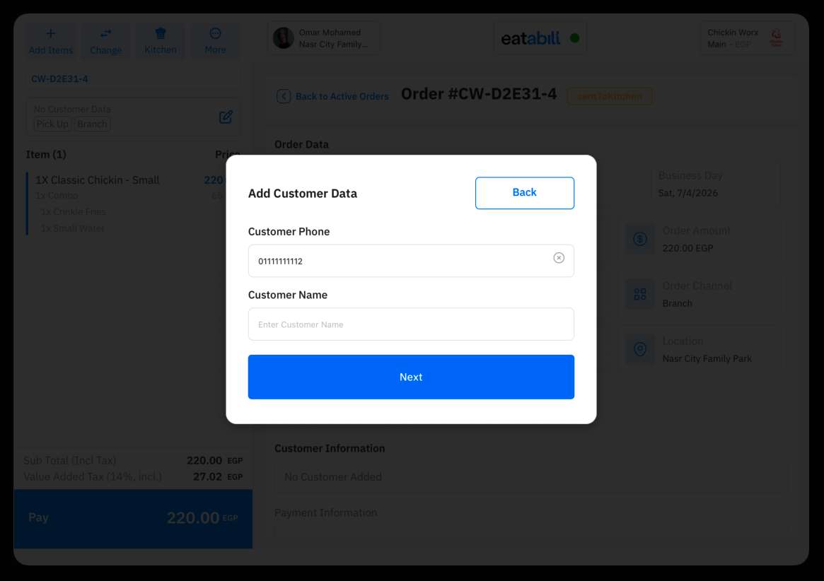 The customer dialog shown when tapping Pay