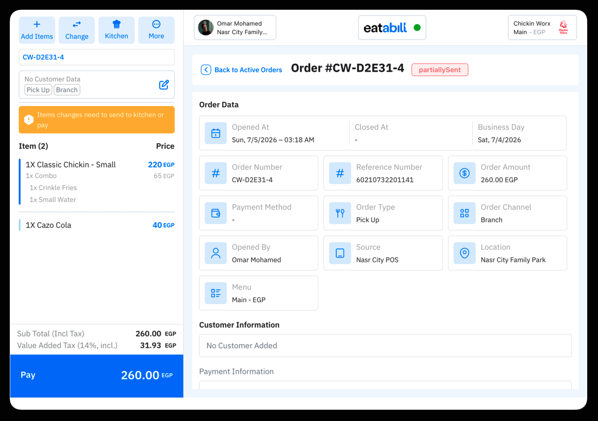 A partially sent order with the yellow items-changed banner
