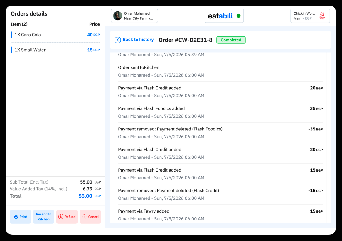 An order's activity log focused on its payment entries, including a deleted payment