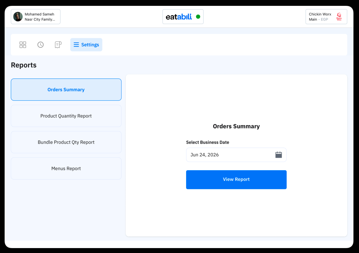 The Reports screen with a report type list and a Select Business Date field