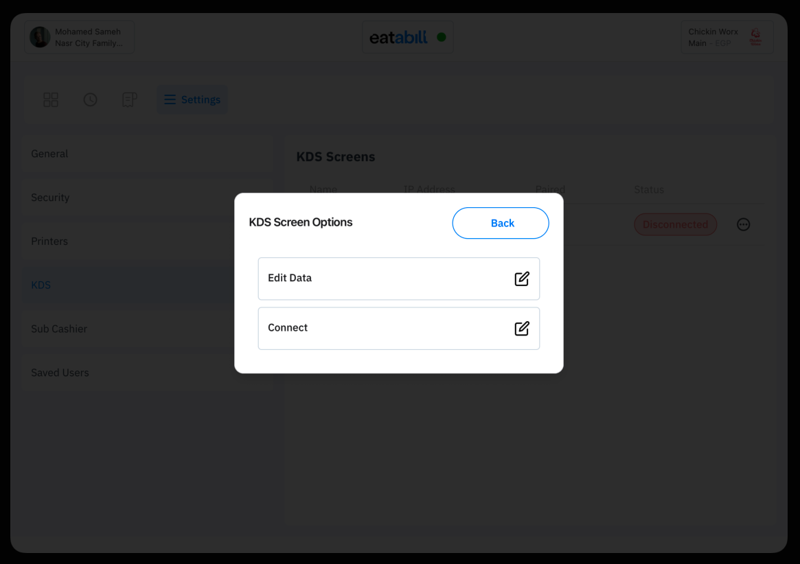 The KDS Screen Options menu with Edit Data and Connect